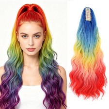 Long Wavy Ponytails Hair Extension Claw Clip On Rainbow Color For Women Party