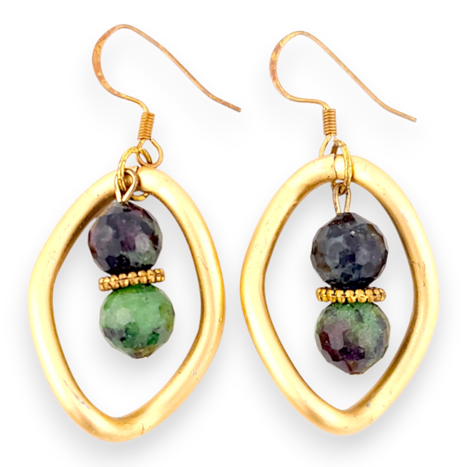 Natural Ruby Zoisite Dangle Earrings Gold Tone Dr… - image 1