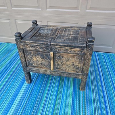 Antique Afghan Carved Wood Dowry Chest