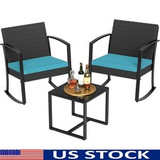Outdoor Rocking Chair Set W/ Comfortable Cushions  Glass Coffee Table New