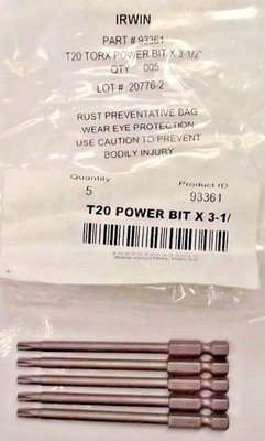 Irwin 93361 T20 1/4'' Hex Drive Torx Power Bit 3-1/2'' OAL 5pcs.