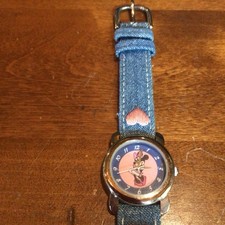 Vintage Disney Parks Minnie Mouse Watch Blue Denim Pink Heart Band Excellent
