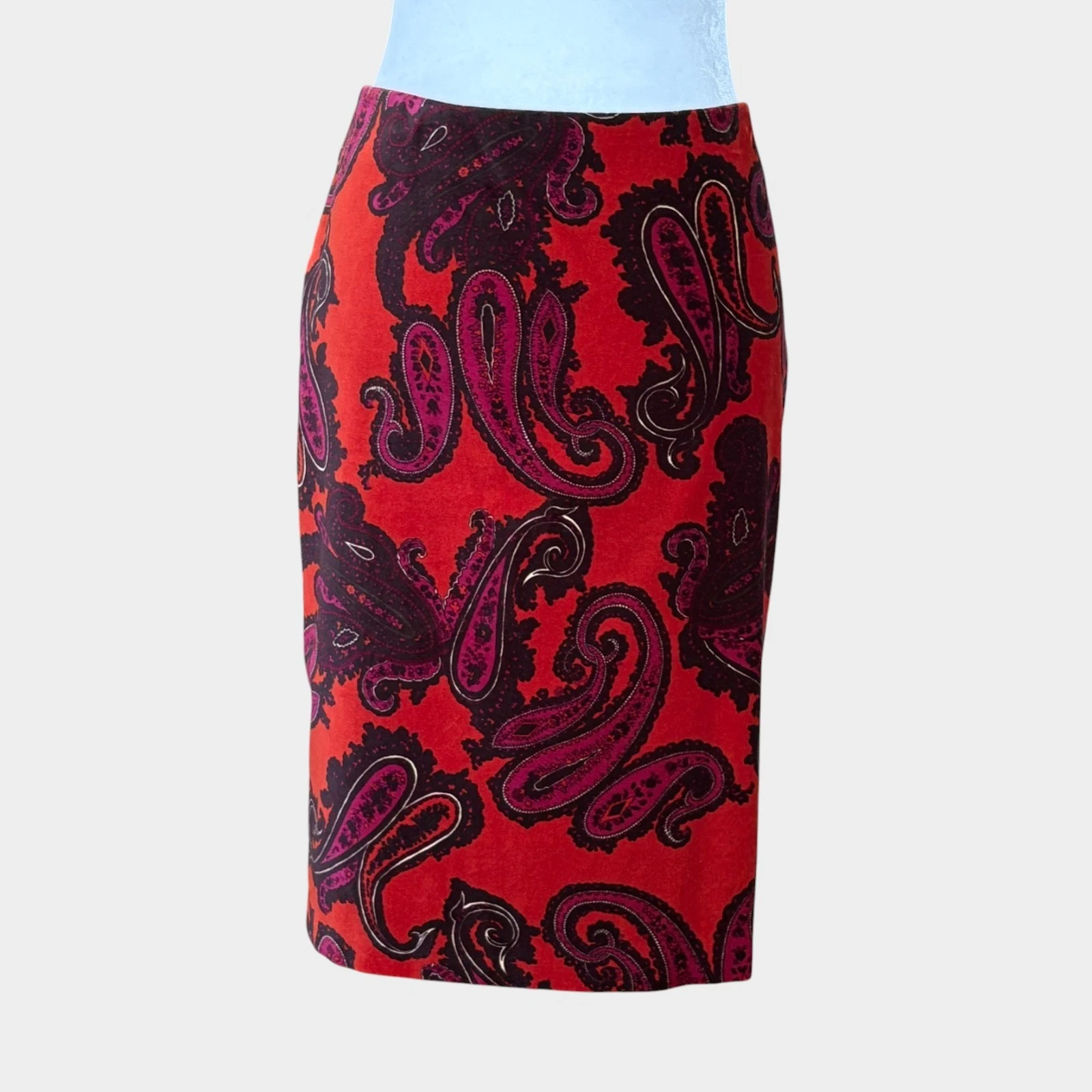 Talbots Velvet Pencil Skirt Red Black Paisley Straight Lined MSRP 108 Sz 8