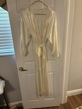 Victoria Secret Vintage Long Ivory Satin Bridal Robe S/XS Lace Sequin  Pearl