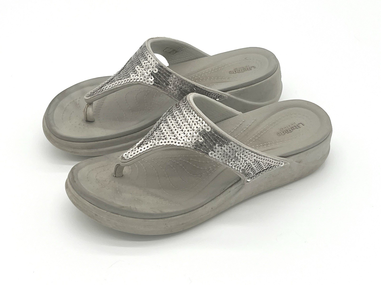 Crocs Women’s Boca Wedge Flip Flops Size 9 Gray Silver Sequin Comfort Sandals