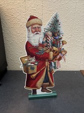 Santa Cut Out Cardboard On Stand 10" Vintage Holding lots of presents