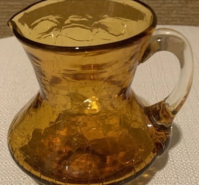 ArtGlass VTG. Amber Crackle Handblown Creamer Pitcher,Curved Handle, Grandmacore