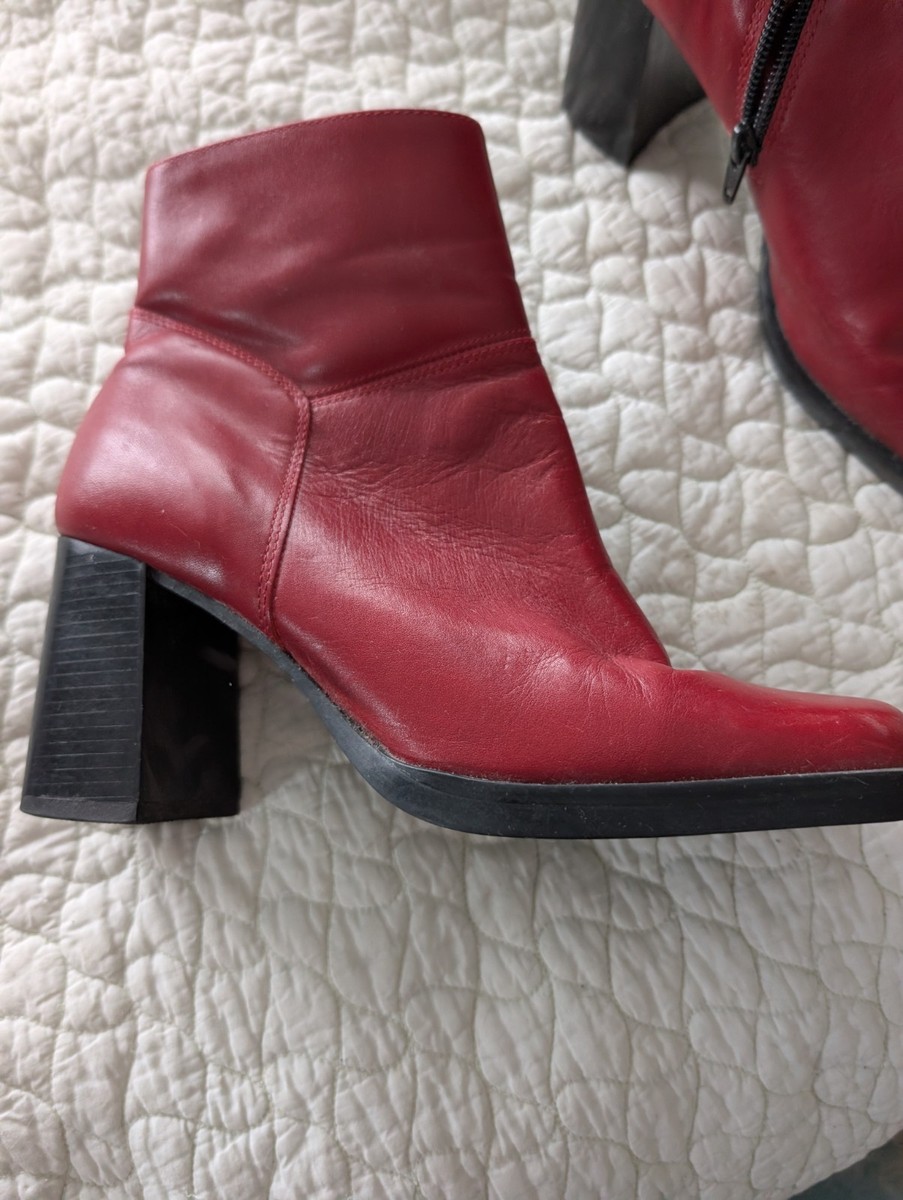 Vtg 90s Navid O Nadia ,Red Leather Boots Sz 38 Square Toe Chunky
