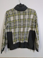 Nine West Women's Plaid Sweater Mock Neck Gray Yellow Very Soft Acrylic Size XS