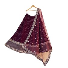 Indian Heavy Wedding Maroon Velvet/Net Hand Embroidered Lehenga Set of 2pcs