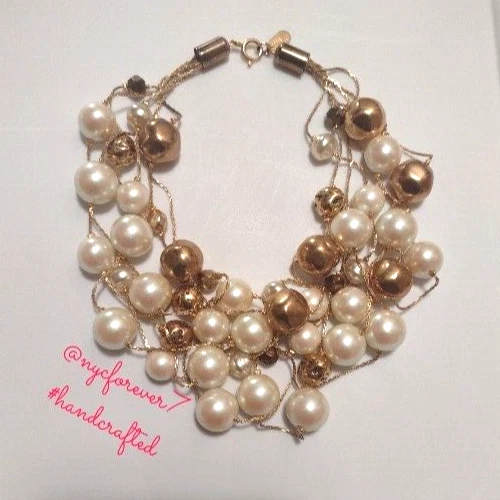 Dabby Reid NYC Designer 6 Strand Necklace Pearls Golden Beads Handmade Signed - Image 2 of 4