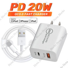 QC 3.0 Fast Wall Charger 20W Dual PD Power Adapter USB Cable For iPhone 6 7 8 14