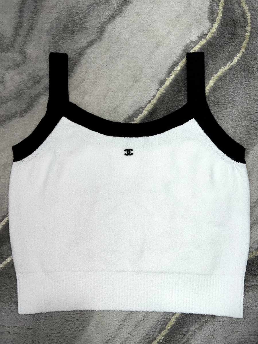 Chanel 23P White Black CC Logo Ribbed Hem Stretch Cotton Chanel 23P White Black CC Logo Ribbed Hem Stretch Cotton