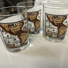 Vintage Mid Century Modern Map Old World double old fashion glass set 3