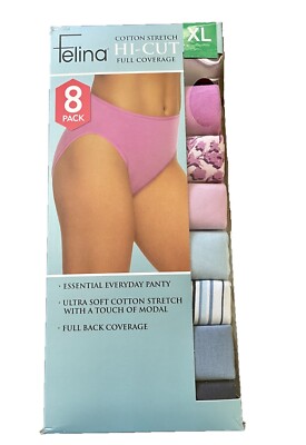 8-pack Felina Underwear Panty Hi-Cut Cotton Stretch Full Coverage, size XL
