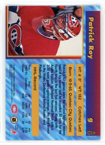 1993-94 Topps Stadium Club Finest Chrome PATRICK ROY Chase Card #11 di 12 - Foto 2 di 2