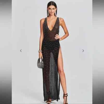 carmella green sequin dress Retrofete Embellished Chiffon Black Rhinestones XS Handmade NA-11.17.25AM