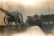 WWI Artillery Tractor Marine Corps Field Gun On Train Real Photo Postcard