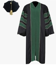 Unisex Deluxe Doctoral Graduation Gown Tam Black w/Green-Academic SIZE 45" NEW
