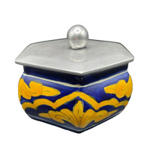 Mexican Talavera Pottery Blue & Yellow Trinket Dish with Pewter Lid