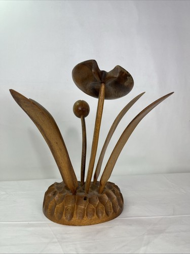 Mid Century Modern Monkey Pod Wood Lily Flower Arrangement Hand Carved Koa - Picture 5 of 8