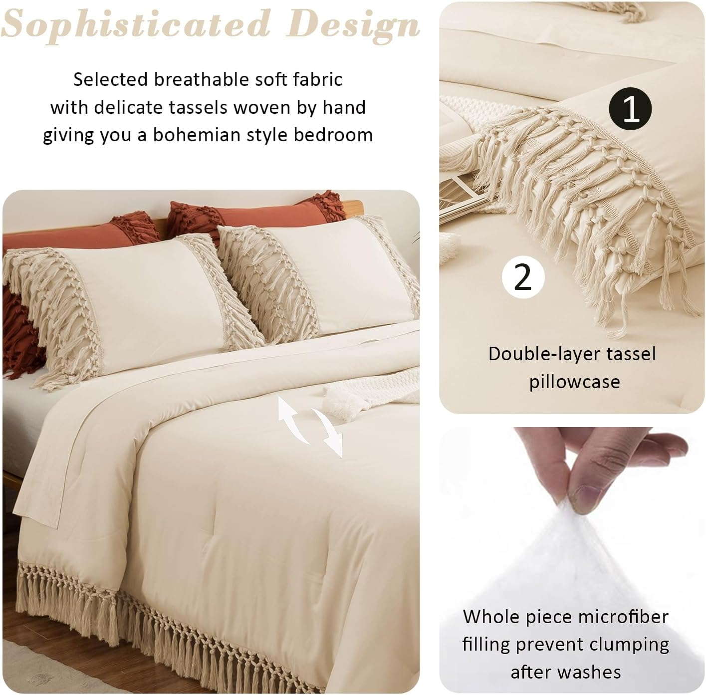 Beige Comforter Set King Size, UltraSoft Boho Farmhouse Bedding Set