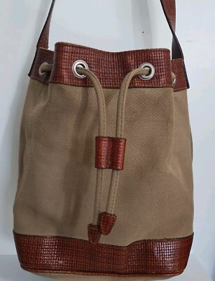 Vintage Talbots Bucket Shoulder Bag,Made In Italy,Canvas, Leather Details, Brown