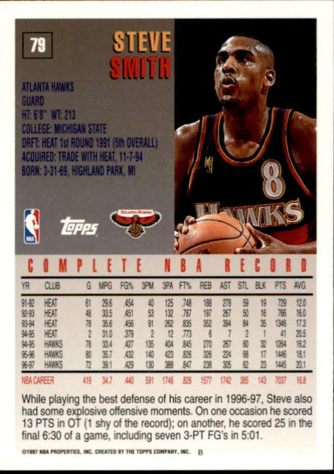 1997-98 Topps Minted in Springfield #79 Steve Smith Set Break Hawks - Image 2 of 2