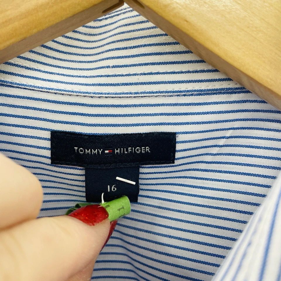 Camisa Tommy Hilfiger Jóvenes Niños Talla 16 Manga Larga Rayas Abotonada en Blanco Foto 4 de 4