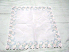 Vintage Ladies White Sheer Flocked Hanky White and Blue Flowers 13  