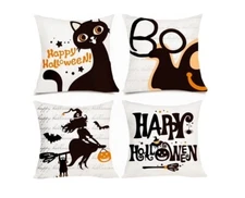 4 DERAYEE Halloween Decor Pillow Covers 17x17 Witch Cat Pumpkin NEW
