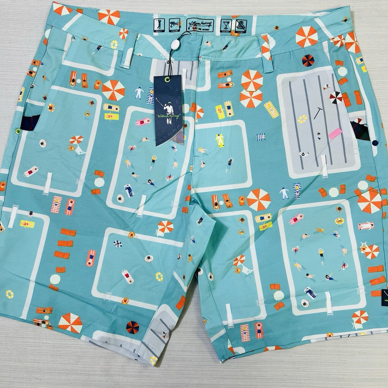 William Murray Shorts Hybrid Mens 34x10 Fish Outta Water Hazard Seafoam Golf NWT