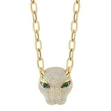 14K Gold Diamond Panther Pendant Necklace Paper Clip Link Chain Certified