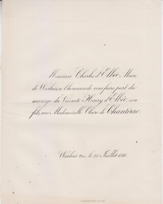 1886 Heiratsurkunde Henri d'ELBÉE & Claire de LA CROPTE de CHANTÉRAC - Oise.