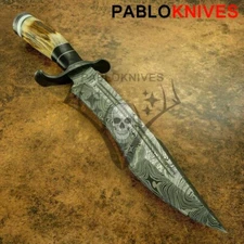 CUSTOM HAND FORGED DAMASCUS STEEL HUNTING BOWIE KNIFE / Stag Antler Handle