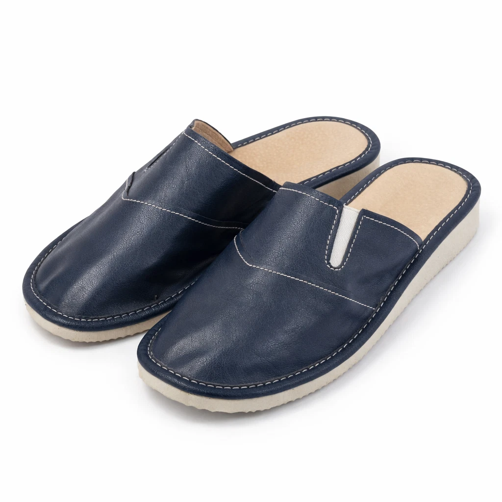 Womens Blue Leather Slippers Breathable Summer House Shoes UK Polskie Kapcie