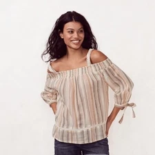 LC Lauren Conrad Smocked Off the Shoulder Top Tie Sleeve Stripe Crochet Size XXL
