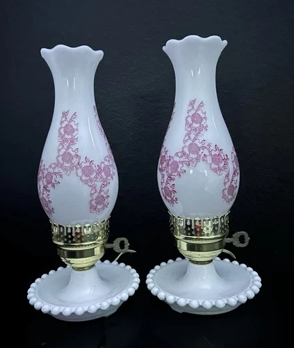 Vintage Electric Milk Glass Hurricane Lamps, Hobnail Base, Floral Pattern Shades