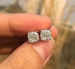 Authentic 2Ct Cushion Cut Lab Created Diamond Women's Stud Earrings 14K White Gold Plated