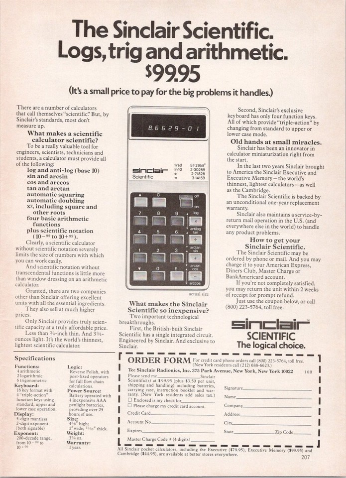 An original 1974 Sinclair Scientific Calculator ad — a frameable piece of tech history from the pocket calculator revolution.