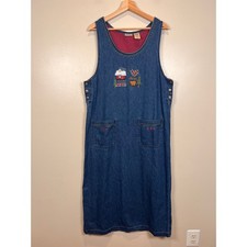 Bobbie Brooks Embroidered Denim Jumper Dress Womens L Winter Forest VTG Cottage