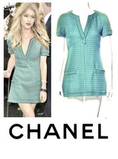 5K Chanel 2013 Green Tweed Work Dress 34 36 38 2 4 6 Logo Jacket Coat Top S M