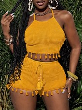 Yellow Tassel Halter Top Shorts Set, Sleeveless, Drawstring, Summer S