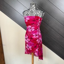 IZ Byer California Y2K Strapless Floral Ruched Side Lace Up Dress L Pink Mesh