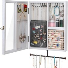 Wall Mounted Jewelry Organizer Cabinet Rustic Wood Storage Box Holder White
