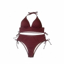 Women's Burgundy V-Neck Two Piece Swimsuit with Ruching Size XL New Without Tags
