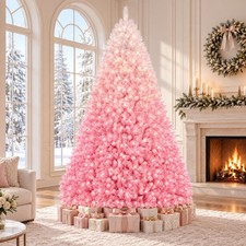 9 FT Christmas Tree Artificial Snow Pink Branch Pre-lit LED Lights Metal Stand