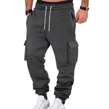 Mens Fleece Cargo Sweatpants Heavyweight Elastic Waist Pants with Pockets Bag...