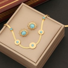 New Turquoise Stainless Steel Earrings, Bracelets, Necklace Jewelry Set