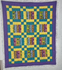 Vintage Baby Crib Patchwork Quilt 48.5"x40.5" Pink Purple Ruffled Edge 0049